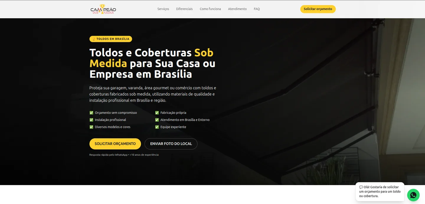 Página inicial do site Campeão dos Toldos, desenvolvido pela Alel Tecnologia