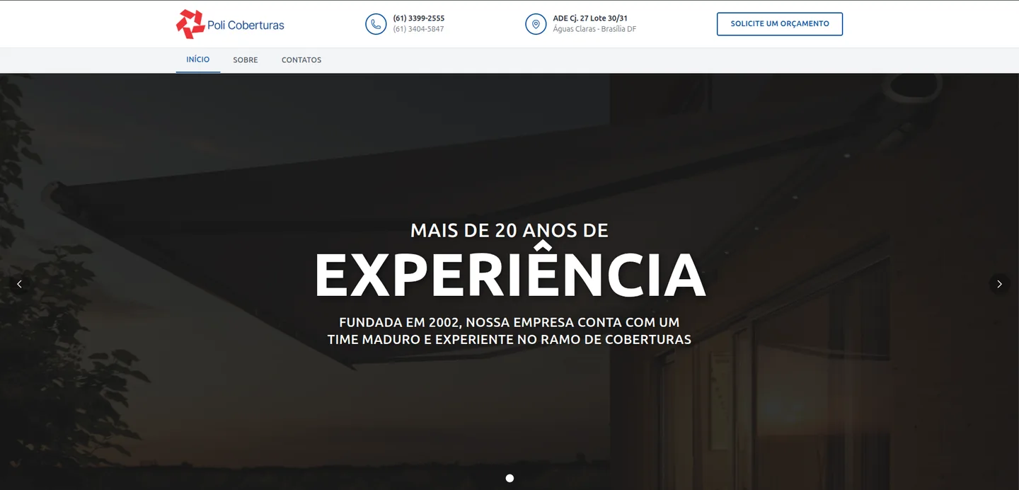 Site Poli Coberturas (Site institucional), desenvolvido pela Alel Tecnologia